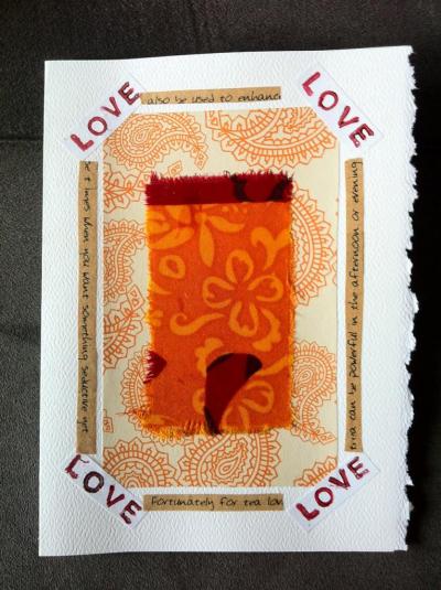 Greeting card with scrap of paper and fabric