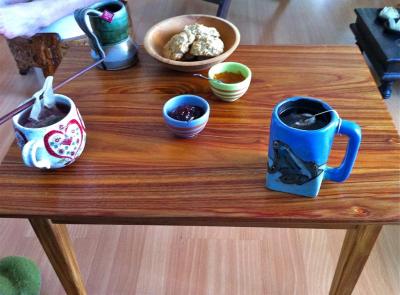 The finished coffee table in use - note the colored streaks in the canary wood