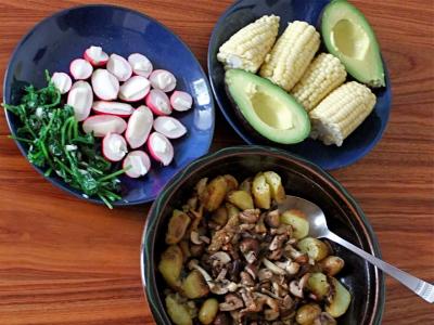 grilled mushrooms, fried new potatoes, radishes and cooked radish greens